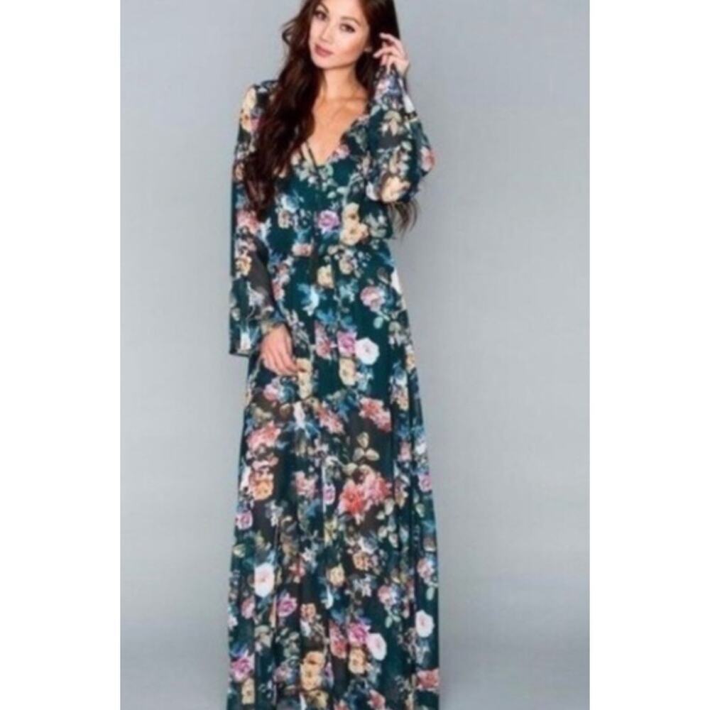 Show Me Your MuMu Blue Floral Bell Sleeve Juliet Maxi Lined Dress Sz S‎